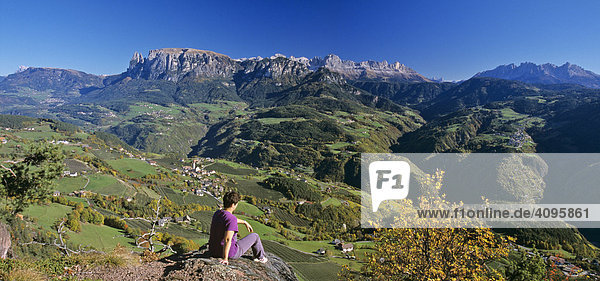 Landscape of Unterinn and mountains of Rosengarten and Sella seen from Ritten in Oberbozen in South Tyrol Italy