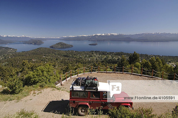 Jeep in front of lake Nahuel Huapi  Cerro Otto  Bariloche  Patagonia  Argentina