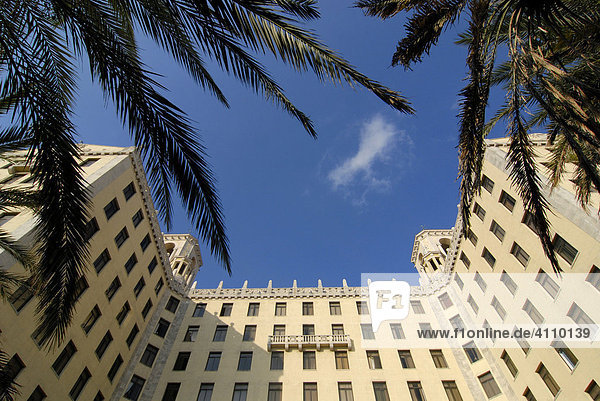 Blick durch Palmen vom Garten des Hotel Nacional  Havanna  Kuba