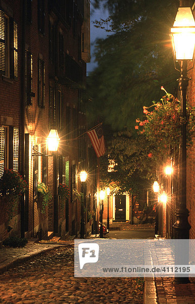 Acorn Street at twilight  Beacon Hill  Boston  Massachusetts  USA