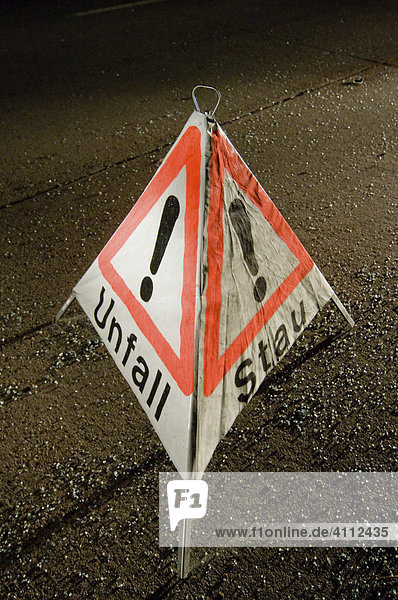 Accident warning sign after a road accident on the A8 near Neuhausen Denkendorf Esslingen Region Baden-Wuerttemberg Germany Europe