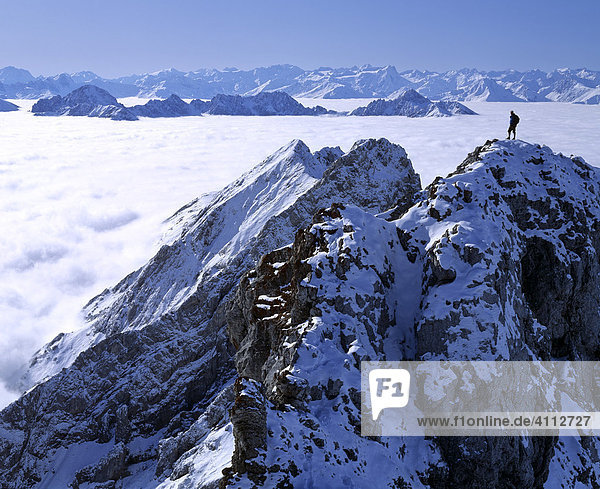 Panoramic view of the Karwendel Range in sea of fog  view of Mieminger Chain and Stubai Alps  Upper Bavaria  Bavaria  Germany  Europe