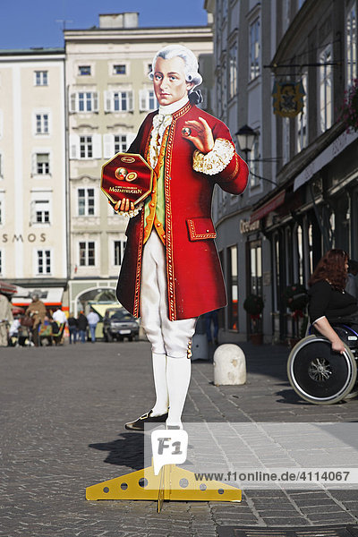 Street advertisement for Mozartkugeln made of cardboard - Wolfgang Amadeus Mozart  Salzburg  Austria