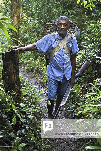 Sammler von Paranüssen (Castanheiro) auf dem Weg zum Kastanienhain im Amazonas-Regenwald  Amapa  Brasilien
