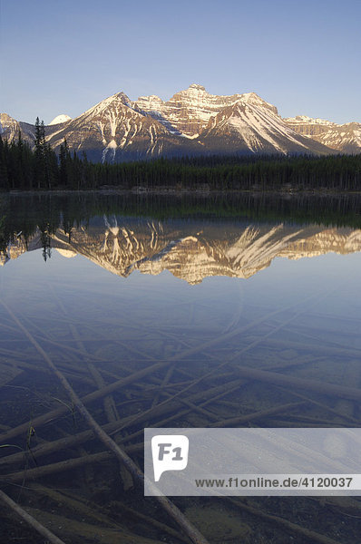 Sunrise on the Bow Range and crystal clear Herbert Lake  Banff National Park  Alberta  Canada