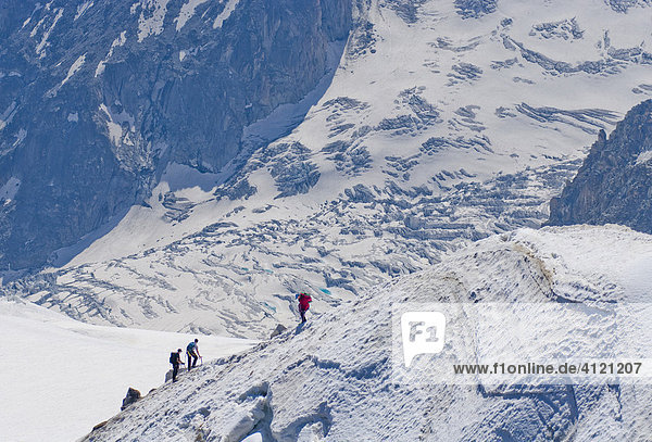 Mountain climbers descending Col du Midi (Midi Pass)  Mt. Aiguille du Midi  Mont Blanc Massif  Chamonix  France