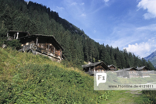 Alte Bauernhöfe aus Holz  Innergeschlöss  Nationalpark Hohe Tauern  Österreich  Europa