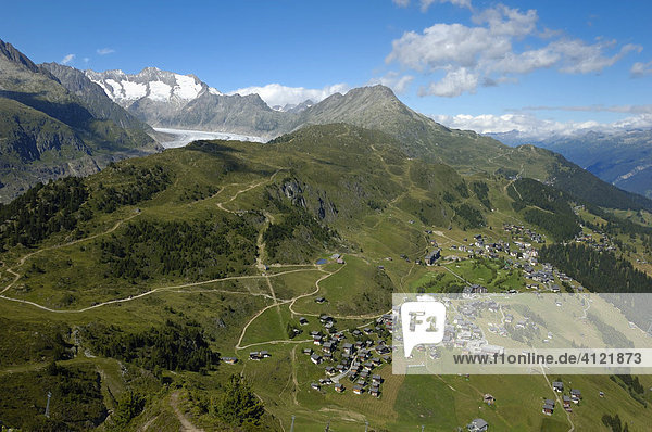 Blick vom Riederhorn auf Aletschgletscher  Aletschwald  Riederalp und Bettmeralp  Wallis  Schweiz  Europa