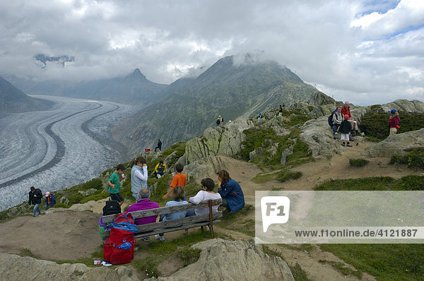 Tourists  view from Moosfluh to Aletsch Glacier  Valais  Switzerland  Europe