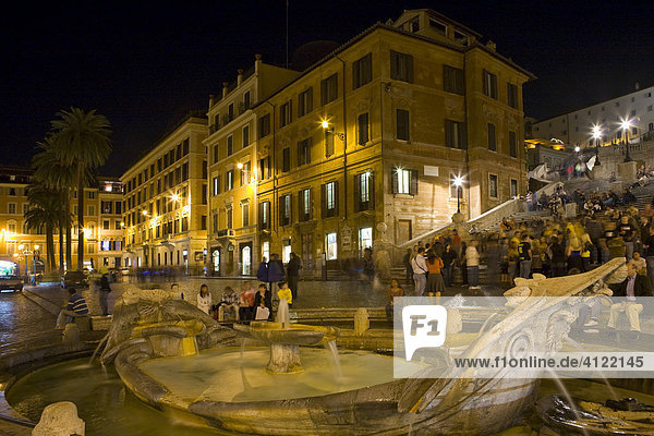 Fontana della Barcaccia fountain at Piazza di Spagna at night  Rome  Italy  Europe