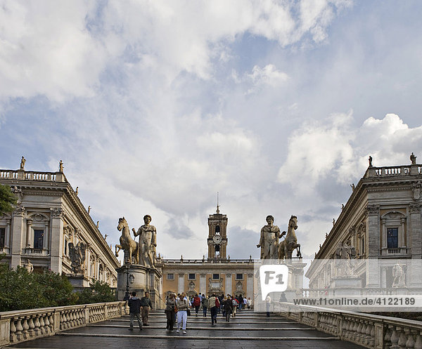 Cordonata steps leading to Piazza del Campidoglio with statues of Castor and Pollux  Rome  Italy  Europe