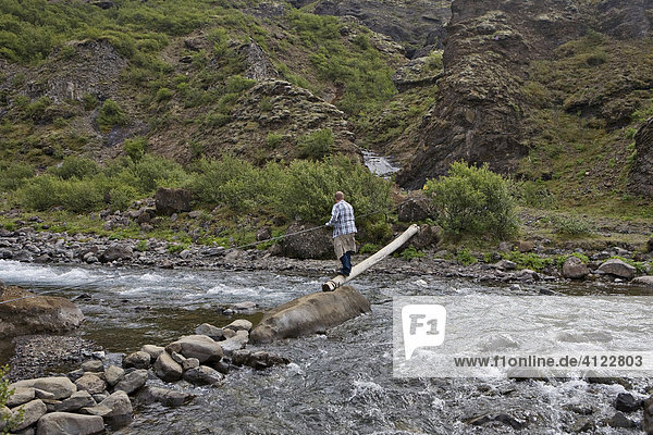 Simple bridge over a stream on the path to Glymur Waterfall Iceland's highest waterfalls Iceland Atlantic Ocean