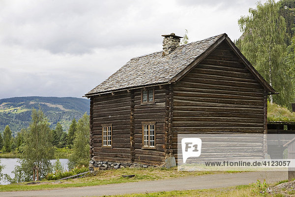 Historic wooden houses at an open air (living history) museum in Fagernes  Norway  Scandinavia  Europe