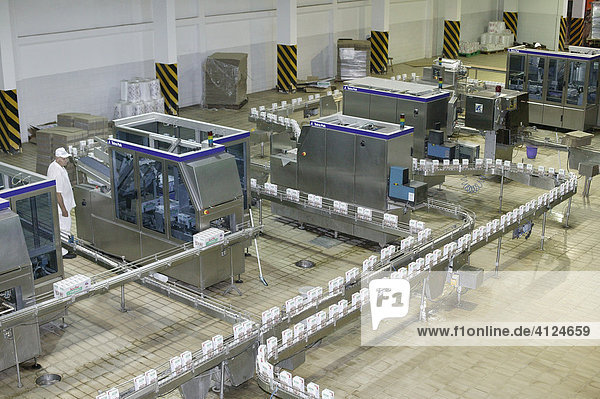 Modern packaging line in a dairy  milk in tetra pak  Loma Plata  Chaco  Paraguay  South America