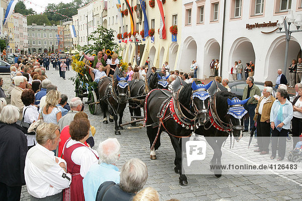 Brewery carriages at an international festival for traditional costume in Muehldorf am Inn  Upper Bavaria  Bavaria  Germany  Europe