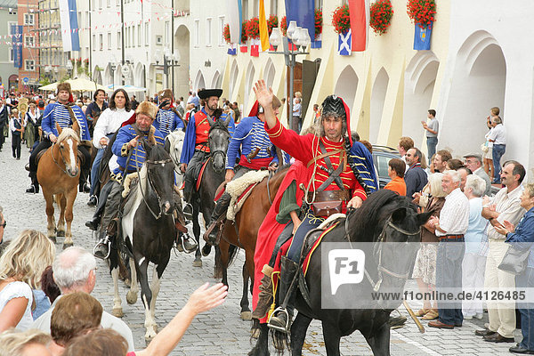 Riders at an international festival for traditional costume in Muehldorf am Inn  Upper Bavaria  Bavaria  Germany  Europe