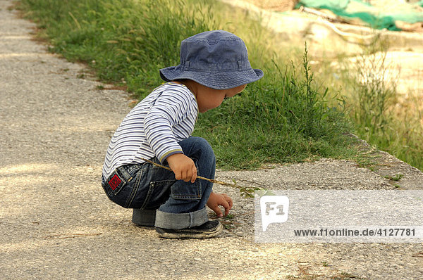 Little boy picking up something from the ground  Caorle  Veneto  Italy
