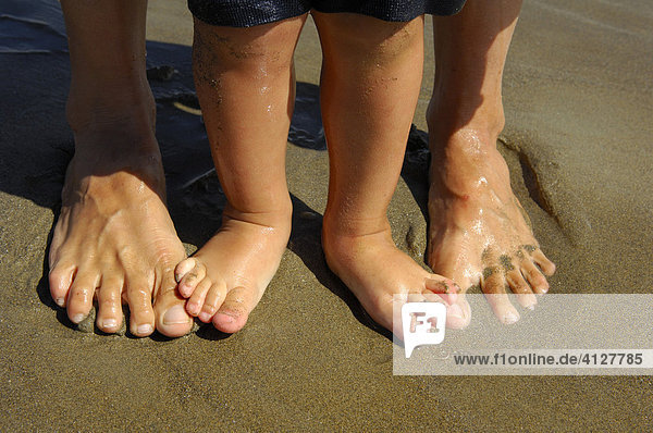 Zehen von Mutter und Kind im feuchten Sand  Caorle  Venezien  Italien