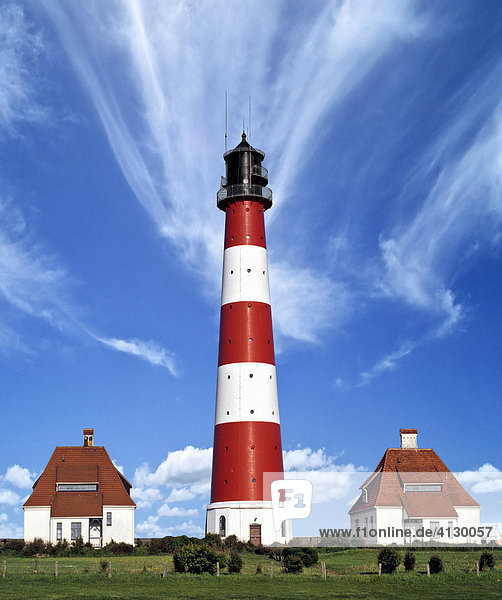 Westerheversand Lighthouse with interesting cloud formations  Westerhever  Eiderstedt Peninsula  Schleswig-Holstein  Germany  Europe