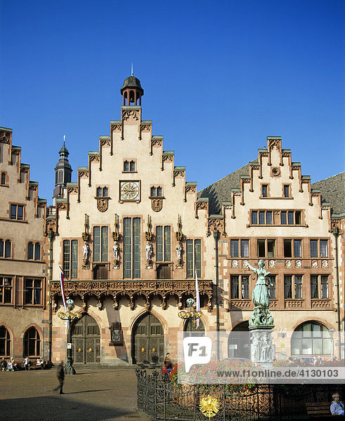 Fountain and facades of the historic Roemer buildings in Frankfurt  Hesse  Germany  Europe