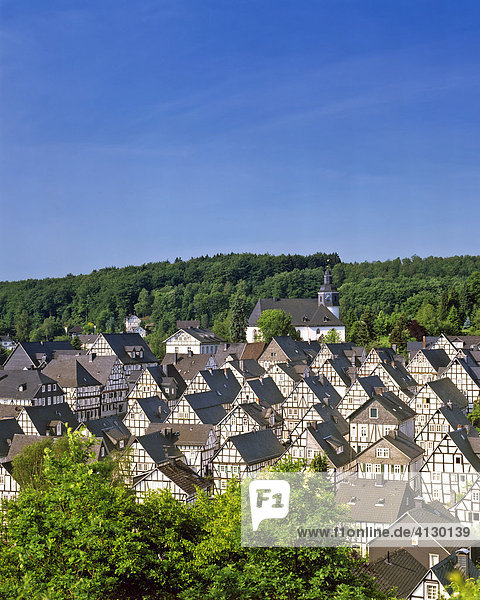 Fachwerk-style houses in the historic centre of the town of Freudenberg  North Rhine-Westphalia  Germany  Europe