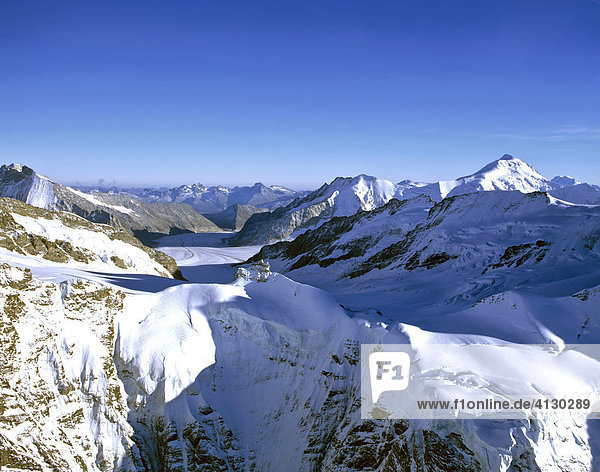 Aerial shot of Jungfraujoch summit station  Aletsch Glacier  Bernese Alps  Valais  Switzerland  Europe