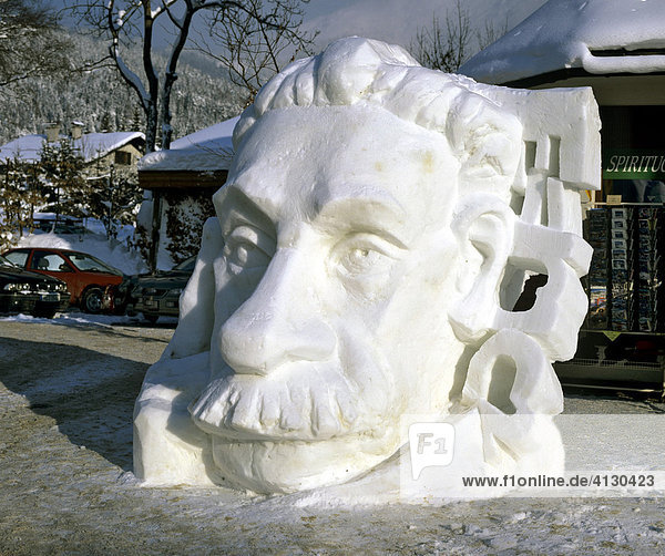Snow sculpture of Albert Einstein  snow festival in Seefeld  Tyrol  Austria