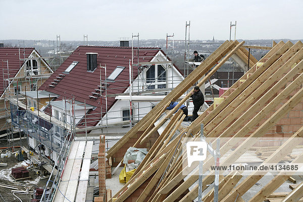 Zimmerleute bauen den Dachstuhl für eine Zweifamilienhaus  Essen  Nordrhein-Westfalen  Deutschland