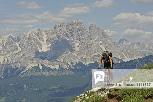 Mountainbike-Fahrerin an der Croda da Lago  Dolomiten  Italien