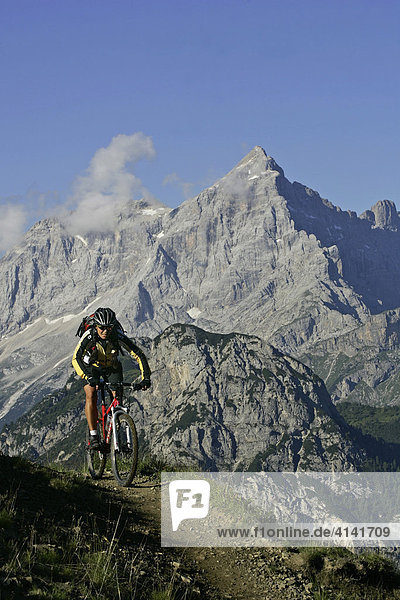 Female mountain biker on the Forcella-Ambrizzola track  with Civetta in the background  Dolomites  Italy