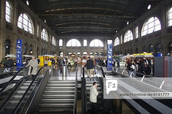 Station hall with market stalls in Zurich  Switzerland