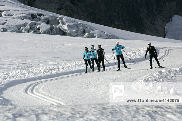Cross-country skiers on the Dachsteingletscher  Dachstein Glacier  Styria  Austria