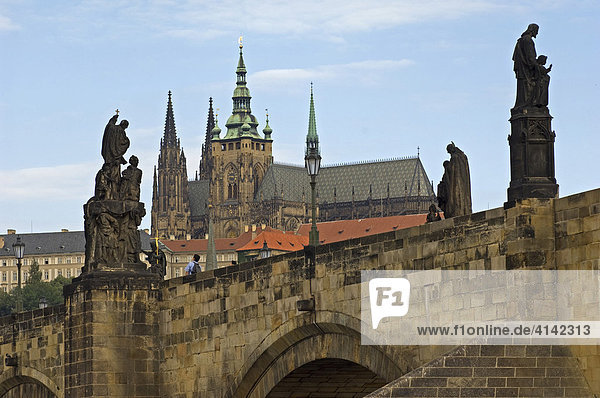 Karlsbrücke mit St. Veits Dom  Prag  Tschechische Republik
