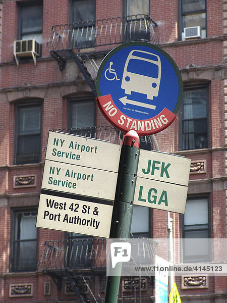 USA  United States of America  New York City: Bus stop for all airport shuttle buses at the Port Authority on 8th Avenue and 42nd Street.