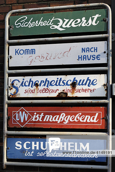 Old enamel signs with notes concerning safety measurements entrance of the power station Hermann Wenzel Duisburg-Ruhrort NRW Germany