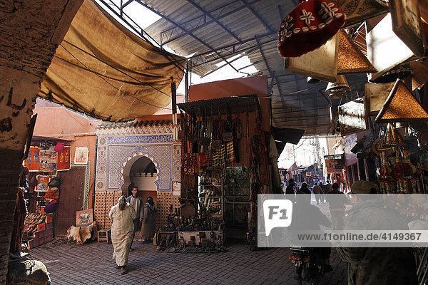 Narrow Souk-streets with sunshades  Marrakech  Morocco  Africa