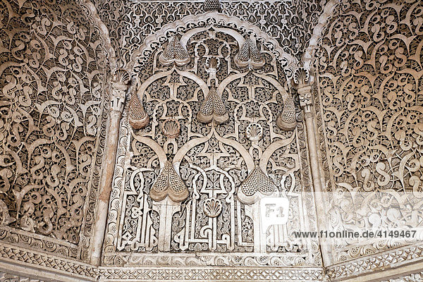 Stucco decorated ceiling of Mihrab (praying alcove)  Medersa Ali-Ben-Youssef  Medina  Marrakech  Morocco  Africa