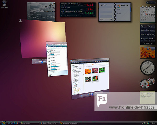 Microsoft Windows Vista  englische Version  Desktop mit perspektivisch angeordneten Anwendungen  Bildschirmfoto