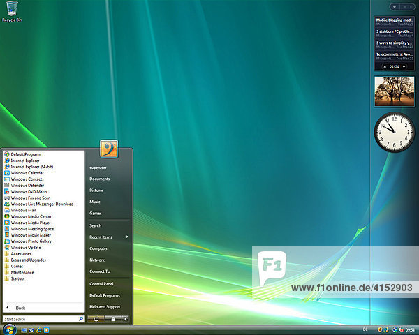 Microsoft Windows Vista  englische Version  Desktop und Startmenü  Bildschirmfoto