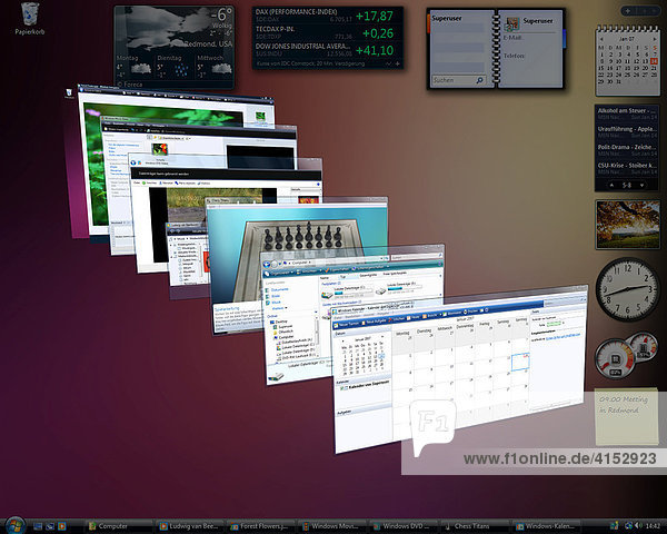 Microsoft Windows Vista  deutsche Version  Desktop mit perspektivisch angeordneten Anwendungen  Bildschirmfoto