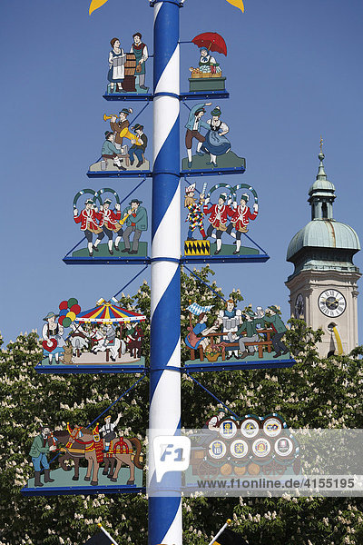 May pole on Viktualienmarkt Market  Heiliggeistkirche  Church of the Holy Spirit at back  Munich  Upper Bavaria  Germany  Europe