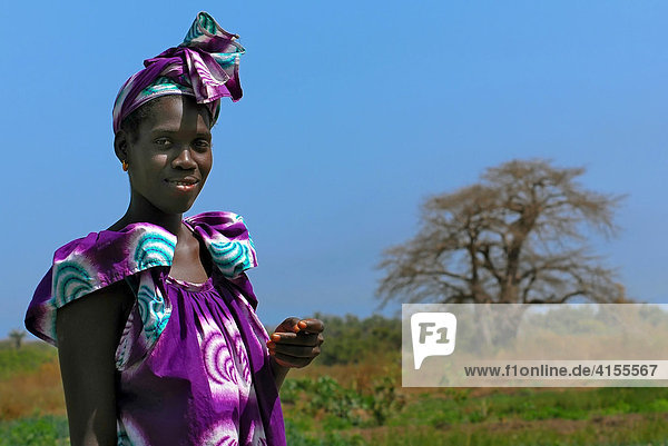 Junge Frau vor Baobab  bei Tanji  Gambia  Afrika