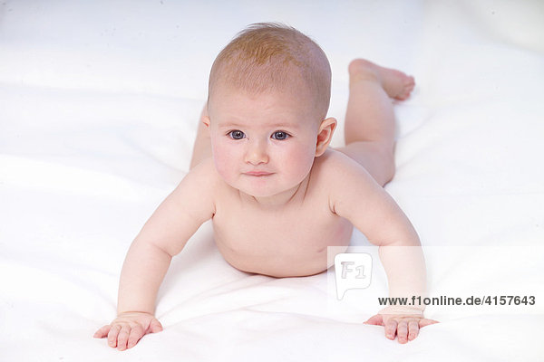 5 Monate altes Baby auf weißer Decke stützt sich ab