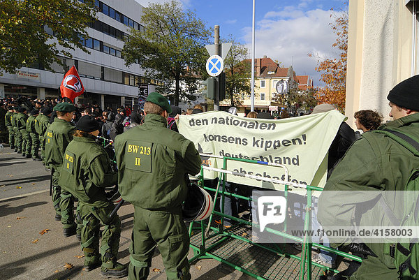 Anti riot units try to seperate violent left and right wing demonstrants - Baden Wuerttemberg  Germany  Europe.