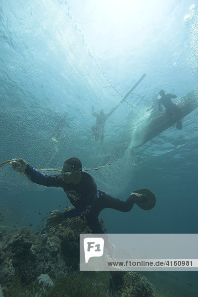 Fischer fangen mit einem Netz Hornhechte  Philippinen