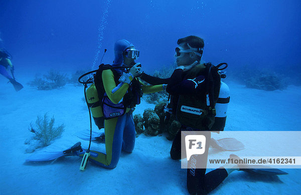 Diving teachers and pupils train the respiration  the Caribbean.