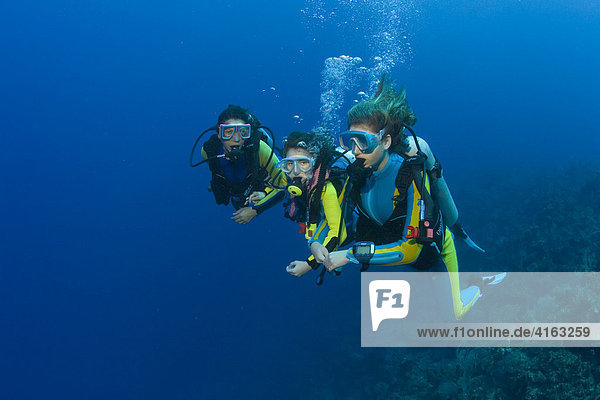 Three scuba divers  mother and daughters  diving over a coral reef  Caribbean  Roatan  Honduras  Central America