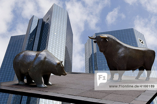 Twin Towers Of The Deutsche Bank With Bull And Bear Sculptures For The Deutsche Boerse Composing Shot Frankfurt Hesse Germany Europe