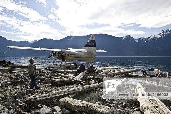 Seaplane mored on the shore of Pitt Lake  Vancouver  British Columbia  Canada  North America