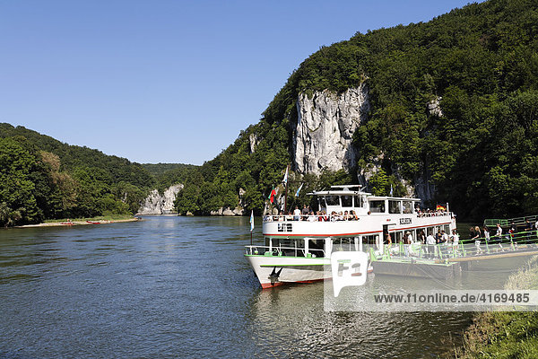Ships on Danube river in Weltenburg   Donaudurchbruch   Lower Bavaria Germany